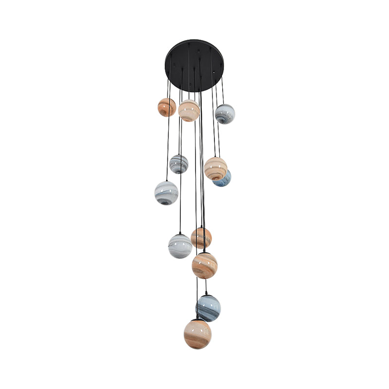 Planet Multi Light Pendant Modernism Textured Glass Stairs Suspension Lighting Fixture in Black Clearhalo 'Ceiling Lights' 'Modern Pendants' 'Modern' 'Pendant Lights' 'Pendants' Lighting' 2025448