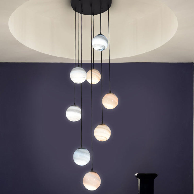 Planet Multi Light Pendant Modernism Textured Glass Stairs Suspension Lighting Fixture in Black 8 Black Clearhalo 'Ceiling Lights' 'Modern Pendants' 'Modern' 'Pendant Lights' 'Pendants' Lighting' 2025450