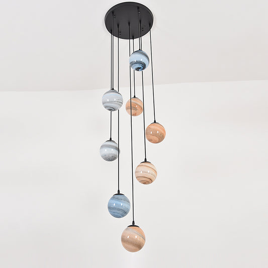 Planet Multi Light Pendant Modernism Textured Glass Stairs Suspension Lighting Fixture in Black Clearhalo 'Ceiling Lights' 'Modern Pendants' 'Modern' 'Pendant Lights' 'Pendants' Lighting' 2025451