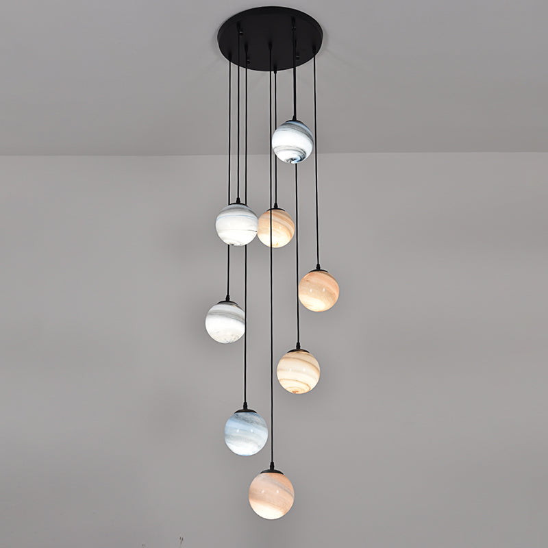 Planet Multi Light Pendant Modernism Textured Glass Stairs Suspension Lighting Fixture in Black Clearhalo 'Ceiling Lights' 'Modern Pendants' 'Modern' 'Pendant Lights' 'Pendants' Lighting' 2025452