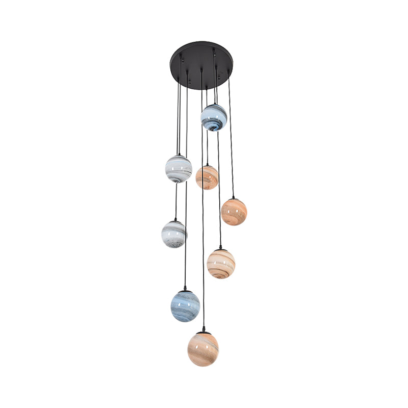 Planet Multi Light Pendant Modernism Textured Glass Stairs Suspension Lighting Fixture in Black Clearhalo 'Ceiling Lights' 'Modern Pendants' 'Modern' 'Pendant Lights' 'Pendants' Lighting' 2025453