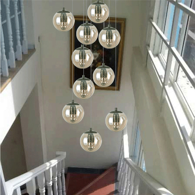 Simplicity Globe Cluster Pendant Cognac Glass 10-Light Stairs Hanging Ceiling Light Cognac Clearhalo 'Ceiling Lights' 'Glass shade' 'Glass' 'Modern Pendants' 'Modern' 'Pendant Lights' 'Pendants' Lighting' 2025455