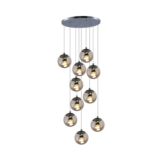 Simplicity Globe Cluster Pendant Cognac Glass 10-Light Stairs Hanging Ceiling Light Clearhalo 'Ceiling Lights' 'Glass shade' 'Glass' 'Modern Pendants' 'Modern' 'Pendant Lights' 'Pendants' Lighting' 2025457