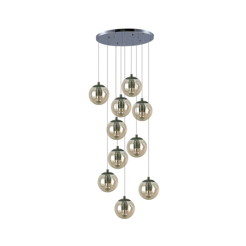 Simplicity Globe Cluster Pendant Cognac Glass 10-Light Stairs Hanging Ceiling Light Clearhalo 'Ceiling Lights' 'Glass shade' 'Glass' 'Modern Pendants' 'Modern' 'Pendant Lights' 'Pendants' Lighting' 2025458