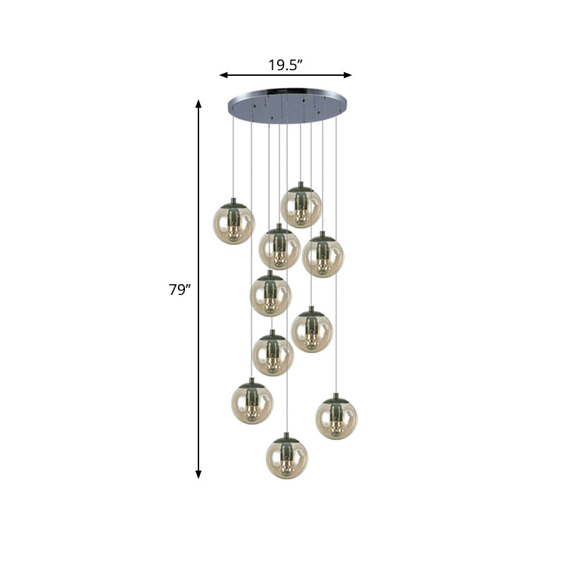 Simplicity Globe Cluster Pendant Cognac Glass 10-Light Stairs Hanging Ceiling Light Clearhalo 'Ceiling Lights' 'Glass shade' 'Glass' 'Modern Pendants' 'Modern' 'Pendant Lights' 'Pendants' Lighting' 2025459