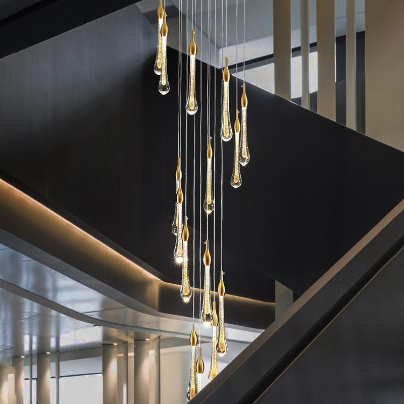 Droplet Stairs Multi Pendant Light Water Glass Modernism Hanging Lamp Kit in Gold 15 Gold Clearhalo 'Ceiling Lights' 'Modern Pendants' 'Modern' 'Pendant Lights' 'Pendants' Lighting' 2025469