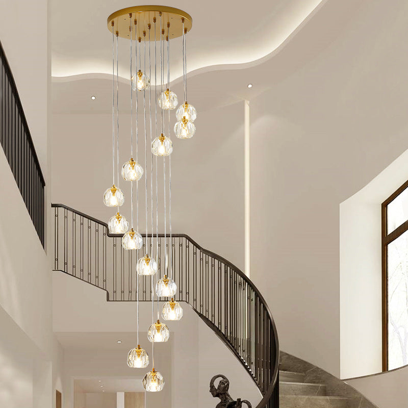 Ball Clear Glass Multi Pendant Modern Style Gold Pendulum Light with Spiral Design for Stairs 15 Clear Round Clearhalo 'Ceiling Lights' 'Modern Pendants' 'Modern' 'Pendant Lights' 'Pendants' Lighting' 2025484