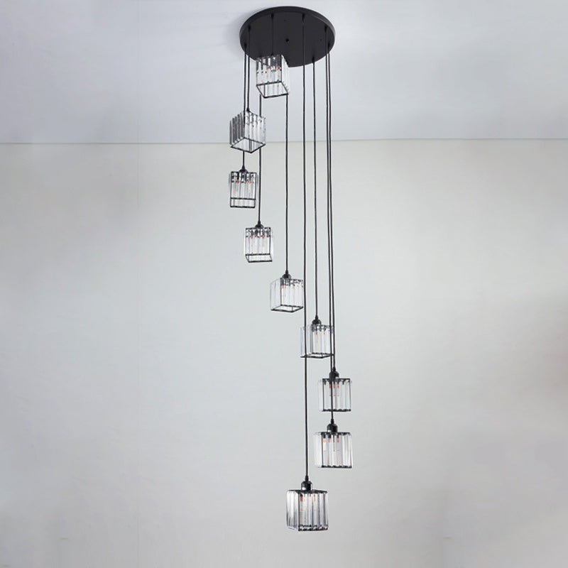 Beveled Crystal Cubic Cluster Pendant Contemporary Suspension Light Fixture with Swirl Design 9 Black Clearhalo 'Ceiling Lights' 'Modern Pendants' 'Modern' 'Pendant Lights' 'Pendants' Lighting' 2025492