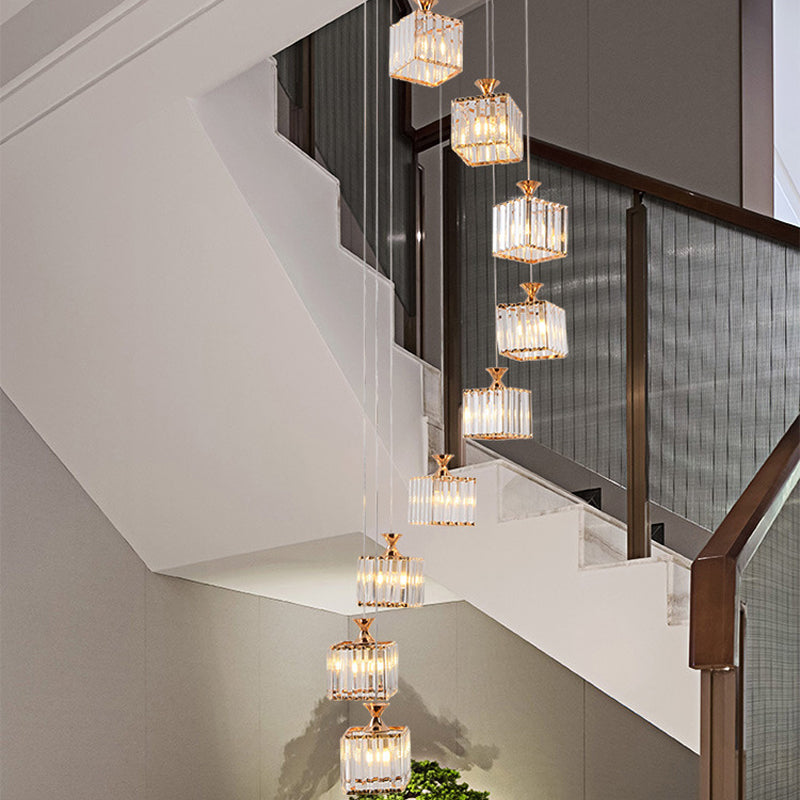 Beveled Crystal Cubic Cluster Pendant Contemporary Suspension Light Fixture with Swirl Design 9 Gold Clearhalo 'Ceiling Lights' 'Modern Pendants' 'Modern' 'Pendant Lights' 'Pendants' Lighting' 2025497