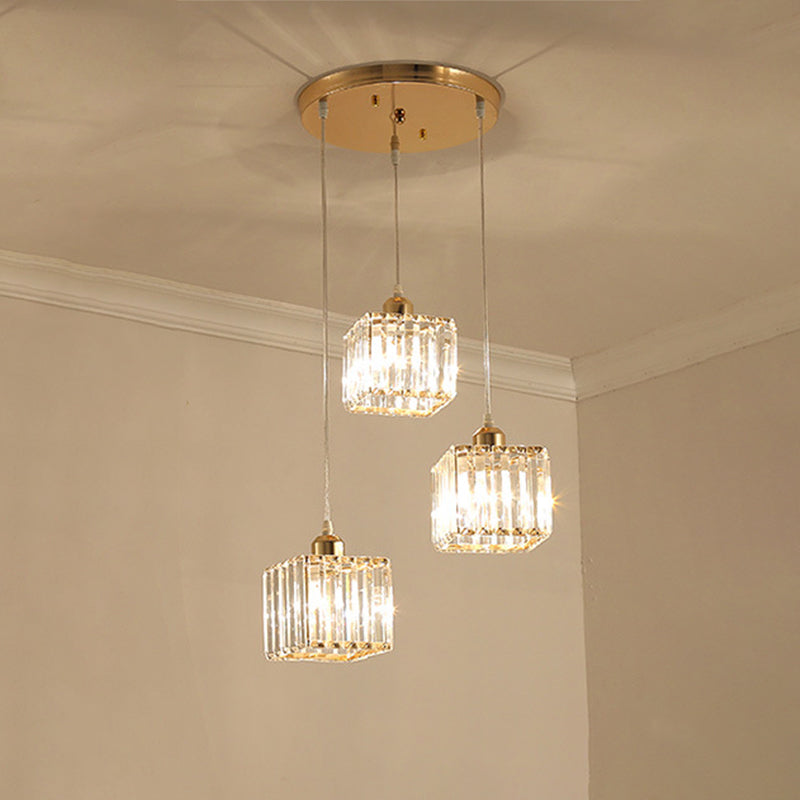 Beveled Crystal Cubic Cluster Pendant Contemporary Suspension Light Fixture with Swirl Design 3 Gold Clearhalo 'Ceiling Lights' 'Modern Pendants' 'Modern' 'Pendant Lights' 'Pendants' Lighting' 2025512