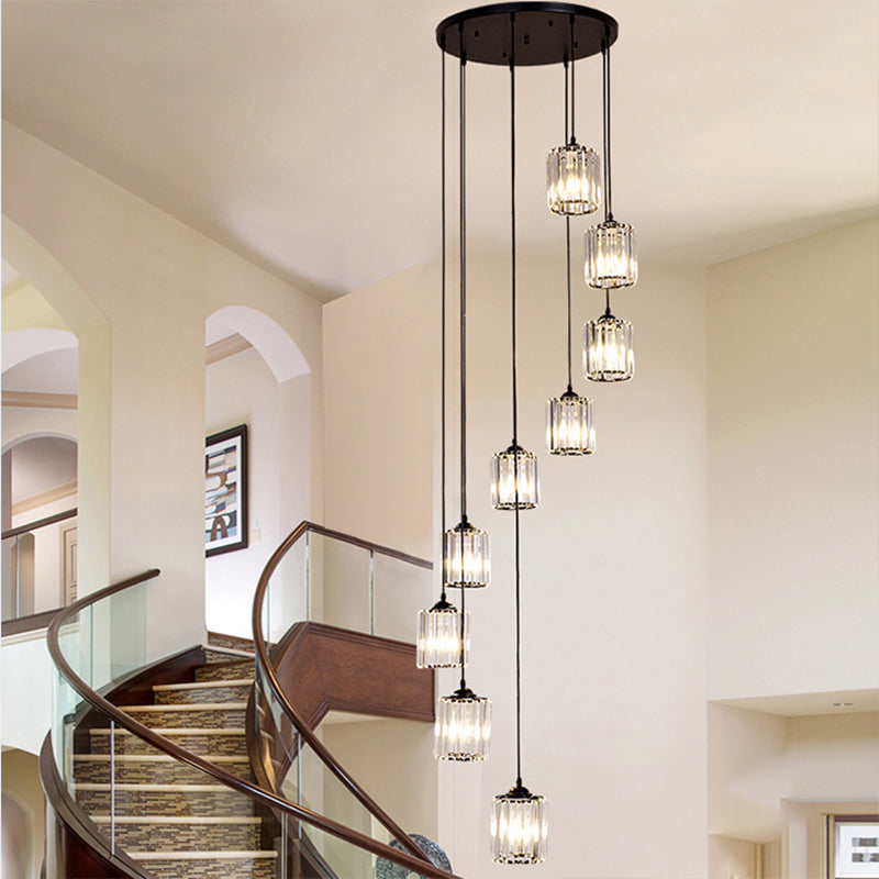 Cylinder Cluster Pendant Light Minimalist Clear Crystal Black Drop Lamp for Stairs Clearhalo 'Ceiling Lights' 'Modern Pendants' 'Modern' 'Pendant Lights' 'Pendants' Lighting' 2025516