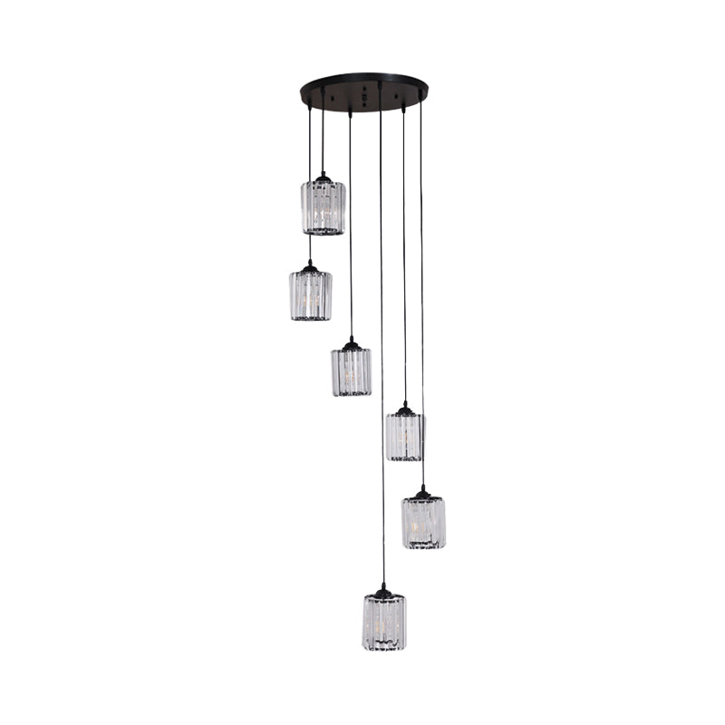 Cylinder Cluster Pendant Light Minimalist Clear Crystal Black Drop Lamp for Stairs Clearhalo 'Ceiling Lights' 'Modern Pendants' 'Modern' 'Pendant Lights' 'Pendants' Lighting' 2025521