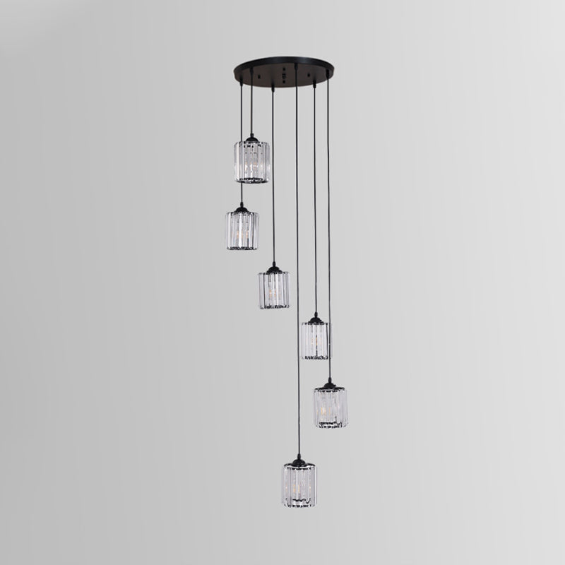 Cylinder Cluster Pendant Light Minimalist Clear Crystal Black Drop Lamp for Stairs Clearhalo 'Ceiling Lights' 'Modern Pendants' 'Modern' 'Pendant Lights' 'Pendants' Lighting' 2025522
