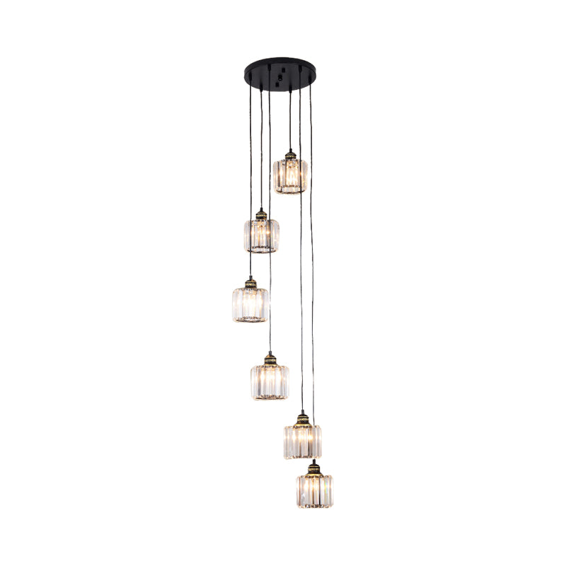 Nordic Multiple Hanging Light Drum Pendant Lighting Fixture with Beveled Crystal Shade 6 Black Clearhalo 'Ceiling Lights' 'Modern Pendants' 'Modern' 'Pendant Lights' 'Pendants' Lighting' 2025535