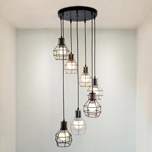 Globe Cage Multi Light Pendant Modern Metal 7 Heads Stairs Ceiling Suspension Lamp in Black 7 Black Round Clearhalo 'Ceiling Lights' 'Modern Pendants' 'Modern' 'Pendant Lights' 'Pendants' Lighting' 2025538