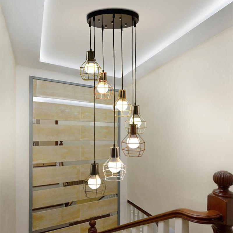 Globe Cage Multi Light Pendant Modern Metal 7 Heads Stairs Ceiling Suspension Lamp in Black Clearhalo 'Ceiling Lights' 'Modern Pendants' 'Modern' 'Pendant Lights' 'Pendants' Lighting' 2025540