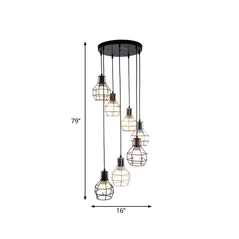 Globe Cage Multi Light Pendant Modern Metal 7 Heads Stairs Ceiling Suspension Lamp in Black Clearhalo 'Ceiling Lights' 'Modern Pendants' 'Modern' 'Pendant Lights' 'Pendants' Lighting' 2025542