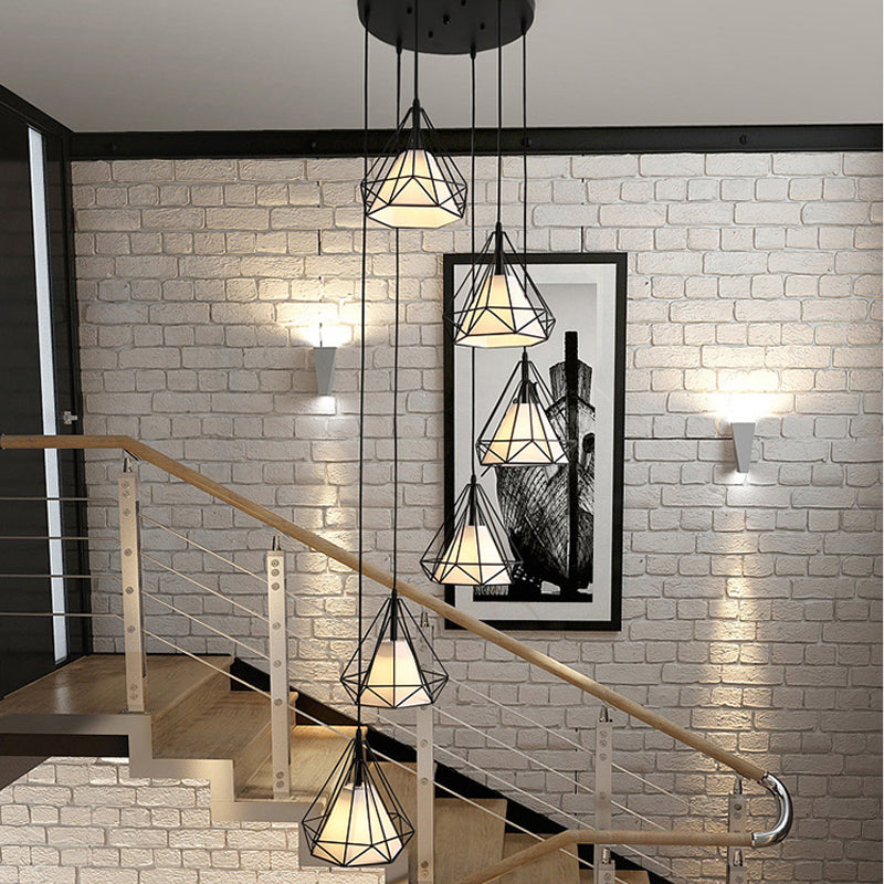 Simple Diamond Cage Multi Pendant Metal 6 Lights Corridor Hanging Light Kit with Inner Fabric Shade in Black 6 Black Round Clearhalo 'Ceiling Lights' 'Modern Pendants' 'Modern' 'Pendant Lights' 'Pendants' Lighting' 2025543