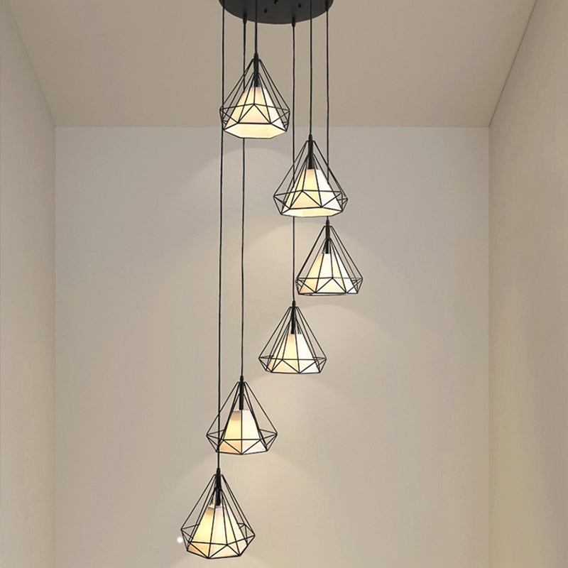 Simple Diamond Cage Multi Pendant Metal 6 Lights Corridor Hanging Light Kit with Inner Fabric Shade in Black Clearhalo 'Ceiling Lights' 'Modern Pendants' 'Modern' 'Pendant Lights' 'Pendants' Lighting' 2025544