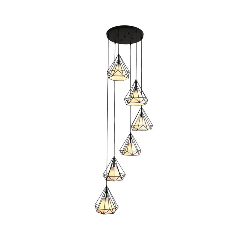 Simple Diamond Cage Multi Pendant Metal 6 Lights Corridor Hanging Light Kit with Inner Fabric Shade in Black Clearhalo 'Ceiling Lights' 'Modern Pendants' 'Modern' 'Pendant Lights' 'Pendants' Lighting' 2025546