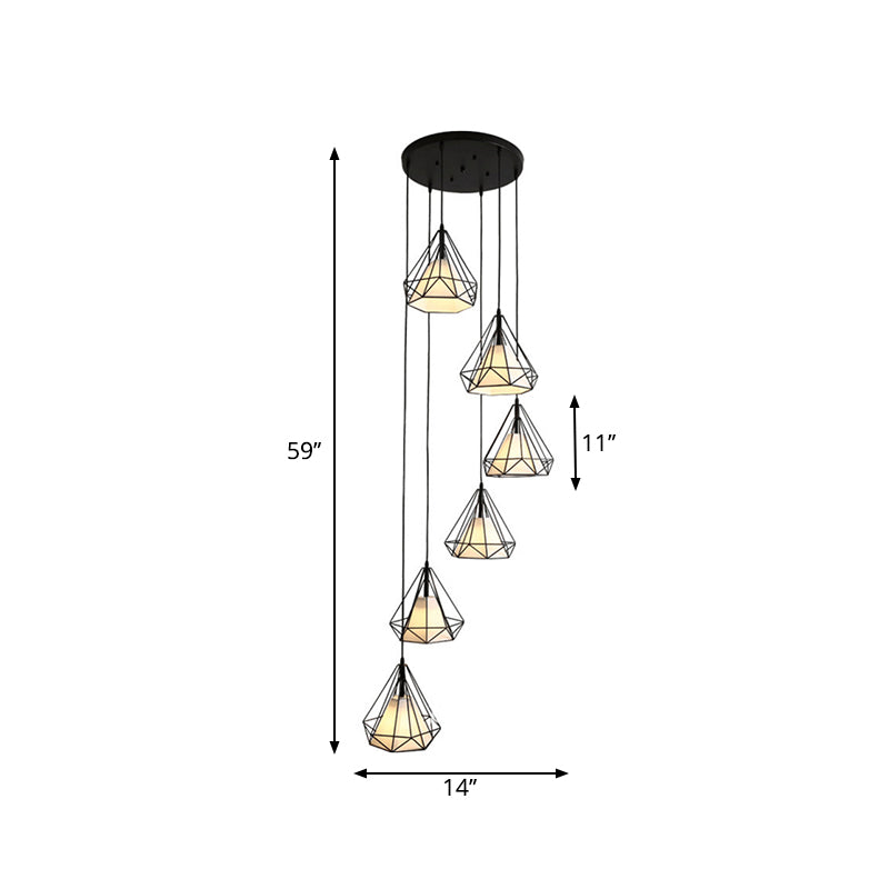 Simple Diamond Cage Multi Pendant Metal 6 Lights Corridor Hanging Light Kit with Inner Fabric Shade in Black Clearhalo 'Ceiling Lights' 'Modern Pendants' 'Modern' 'Pendant Lights' 'Pendants' Lighting' 2025547
