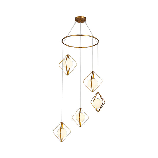 Simple Multi Light Pendant Global Metallic Pendulum Lamp with Opal Glass Shade for Living Room Clearhalo 'Ceiling Lights' 'Modern Pendants' 'Modern' 'Pendant Lights' 'Pendants' Lighting' 2025630