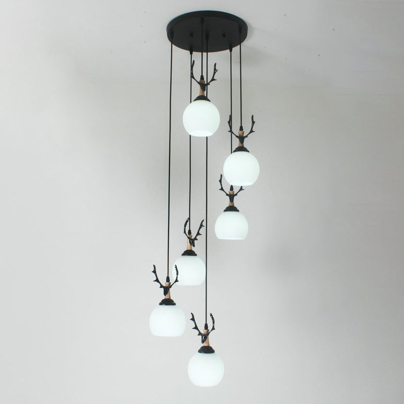 Milky Glass Global Spiral Multi Pendant Simple Hanging Ceiling Light in Black for Stairs Clearhalo 'Ceiling Lights' 'Modern Pendants' 'Modern' 'Pendant Lights' 'Pendants' Lighting' 2025701