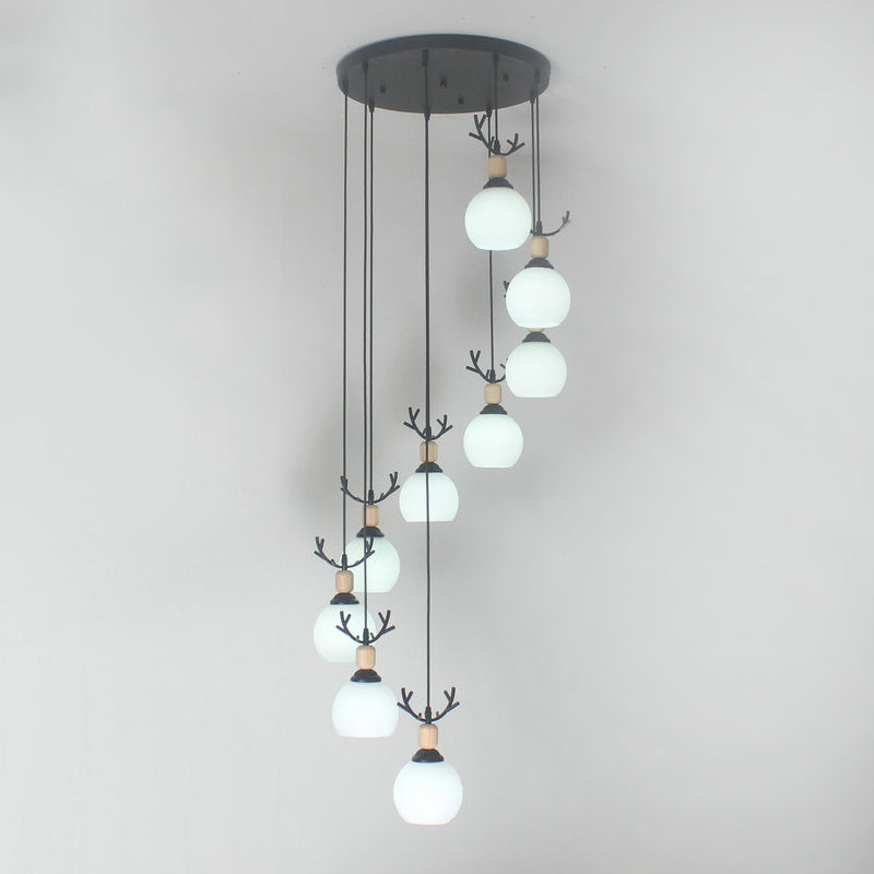 Milky Glass Global Spiral Multi Pendant Simple Hanging Ceiling Light in Black for Stairs Clearhalo 'Ceiling Lights' 'Modern Pendants' 'Modern' 'Pendant Lights' 'Pendants' Lighting' 2025713