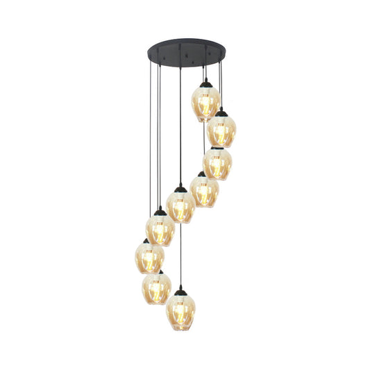 9 Heads Corridor Multi Light Pendant Modern Black Ceiling Lamp with Cup Dimpled Glass Shade Clearhalo 'Ceiling Lights' 'Modern Pendants' 'Modern' 'Pendant Lights' 'Pendants' Lighting' 2025745