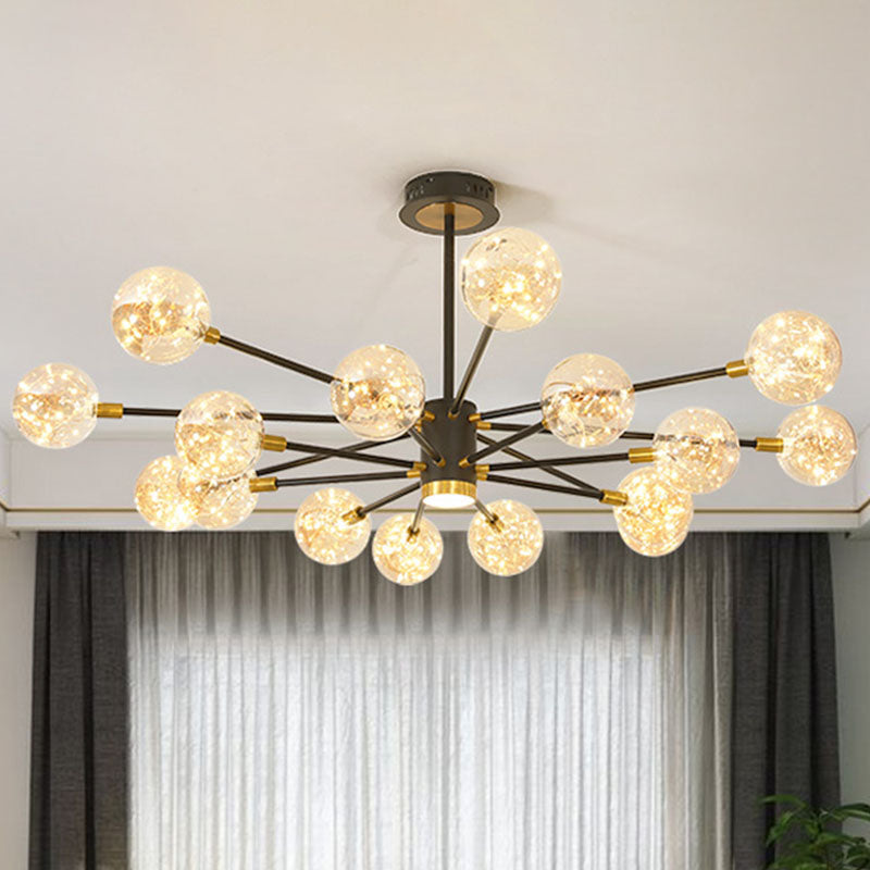 Starburst Hanging Ceiling Light Modern Metal Living Room LED Chandelier with Orb Glass Shade 16 Black Clearhalo 'Ceiling Lights' 'Chandeliers' 'Glass shade' 'Glass' 'Modern Chandeliers' 'Modern' Lighting' 2025884