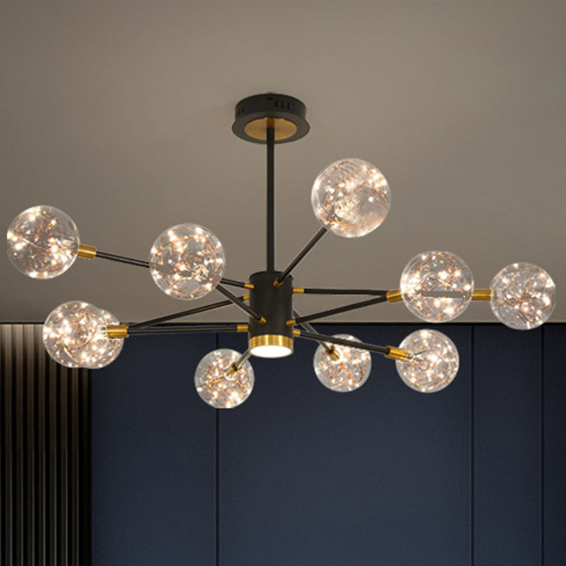 Starburst Hanging Ceiling Light Modern Metal Living Room LED Chandelier with Orb Glass Shade 12 Black Clearhalo 'Ceiling Lights' 'Chandeliers' 'Glass shade' 'Glass' 'Modern Chandeliers' 'Modern' Lighting' 2025888