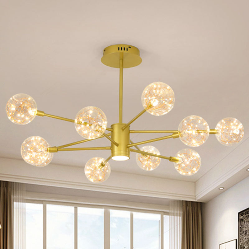 Starburst Hanging Ceiling Light Modern Metal Living Room LED Chandelier with Orb Glass Shade 10 Gold Clearhalo 'Ceiling Lights' 'Chandeliers' 'Glass shade' 'Glass' 'Modern Chandeliers' 'Modern' Lighting' 2025889