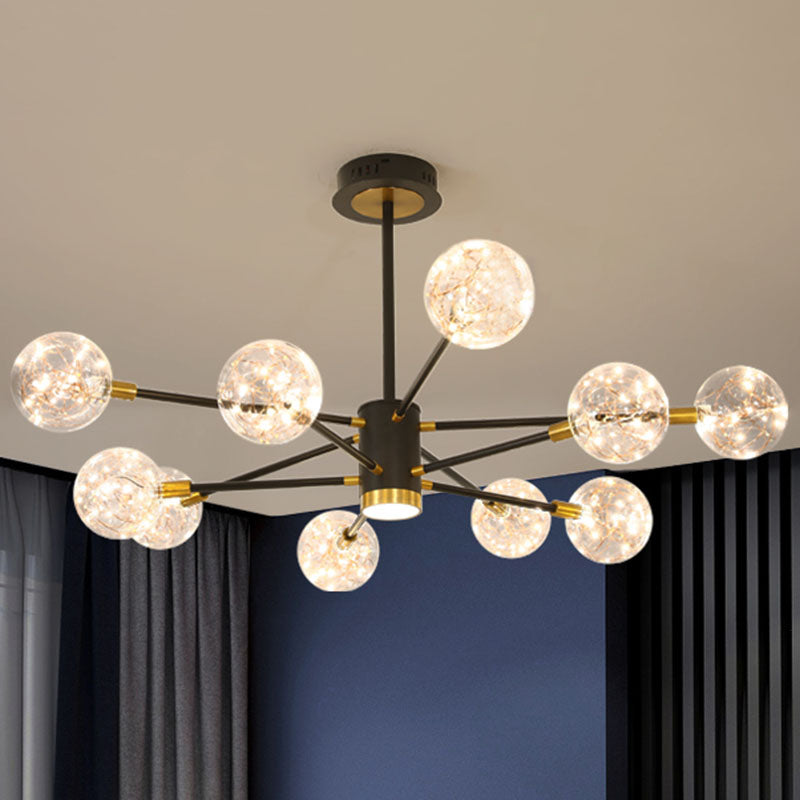 Starburst Hanging Ceiling Light Modern Metal Living Room LED Chandelier with Orb Glass Shade 10 Black Clearhalo 'Ceiling Lights' 'Chandeliers' 'Glass shade' 'Glass' 'Modern Chandeliers' 'Modern' Lighting' 2025890