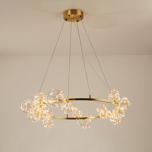 Orb Bedroom Hanging Chandelier Clear Glass Starry LED Modern Ceiling Suspension Lamp in Gold 20 Gold Clearhalo 'Ceiling Lights' 'Chandeliers' 'Glass shade' 'Glass' 'Modern Chandeliers' 'Modern' Lighting' 2025927