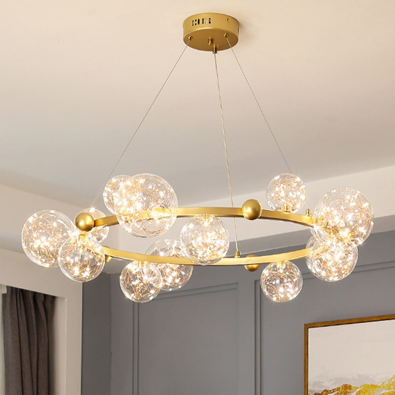 Ring Metal Chandelier Simple LED Starry Pendant Lamp with Globe Clear Glass Shade 15 Gold Clearhalo 'Ceiling Lights' 'Chandeliers' 'Glass shade' 'Glass' 'Modern Chandeliers' 'Modern' Lighting' 2025929