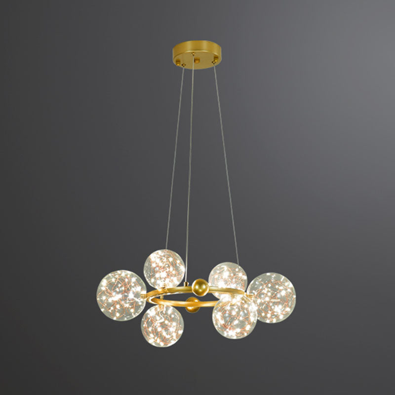 Ring Metal Chandelier Simple LED Starry Pendant Lamp with Globe Clear Glass Shade 6 Gold Clearhalo 'Ceiling Lights' 'Chandeliers' 'Glass shade' 'Glass' 'Modern Chandeliers' 'Modern' Lighting' 2025935