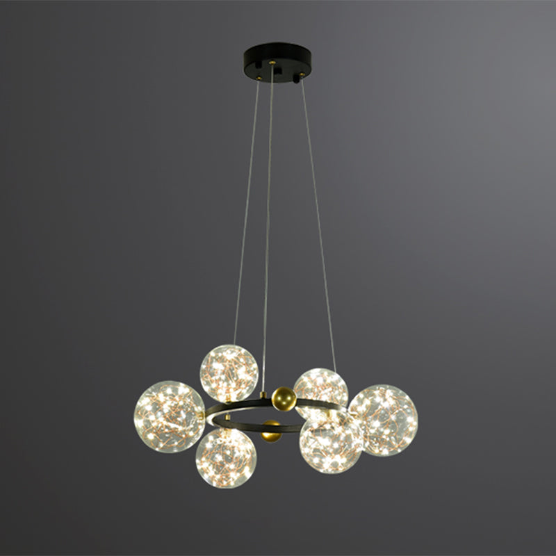 Ring Metal Chandelier Simple LED Starry Pendant Lamp with Globe Clear Glass Shade 6 Black Clearhalo 'Ceiling Lights' 'Chandeliers' 'Glass shade' 'Glass' 'Modern Chandeliers' 'Modern' Lighting' 2025939