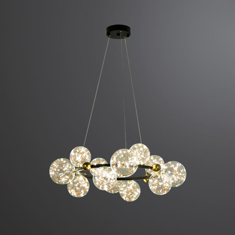 Ring Metal Chandelier Simple LED Starry Pendant Lamp with Globe Clear Glass Shade 12 Black Clearhalo 'Ceiling Lights' 'Chandeliers' 'Glass shade' 'Glass' 'Modern Chandeliers' 'Modern' Lighting' 2025941