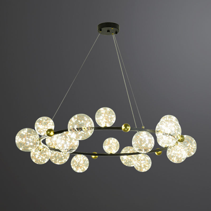 Ring Metal Chandelier Simple LED Starry Pendant Lamp with Globe Clear Glass Shade 18 Black Clearhalo 'Ceiling Lights' 'Chandeliers' 'Glass shade' 'Glass' 'Modern Chandeliers' 'Modern' Lighting' 2025943
