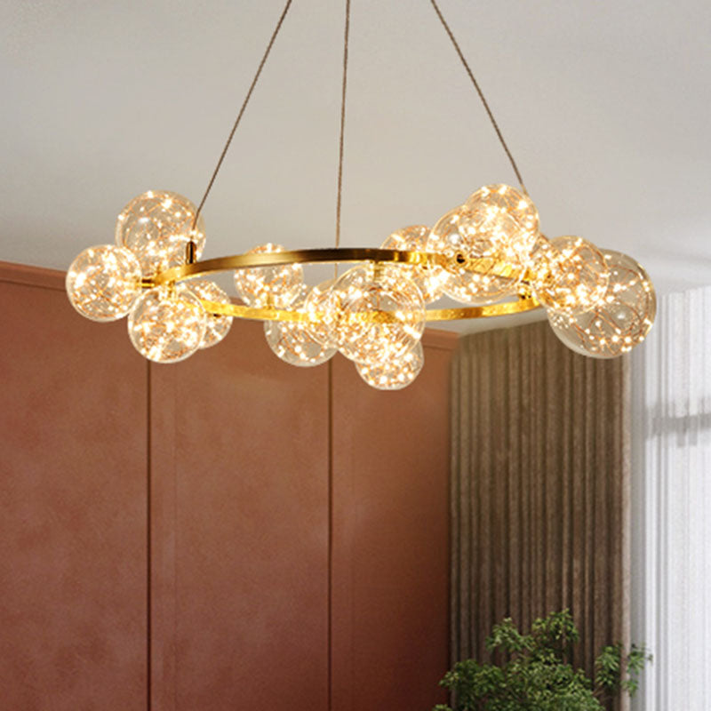 Living Room LED Chandelier Lamp Minimal Gold Pendant Lighting with Orb Clear Glass Shade 15 Gold Clearhalo 'Ceiling Lights' 'Chandeliers' 'Glass shade' 'Glass' 'Modern Chandeliers' 'Modern' Lighting' 2025944