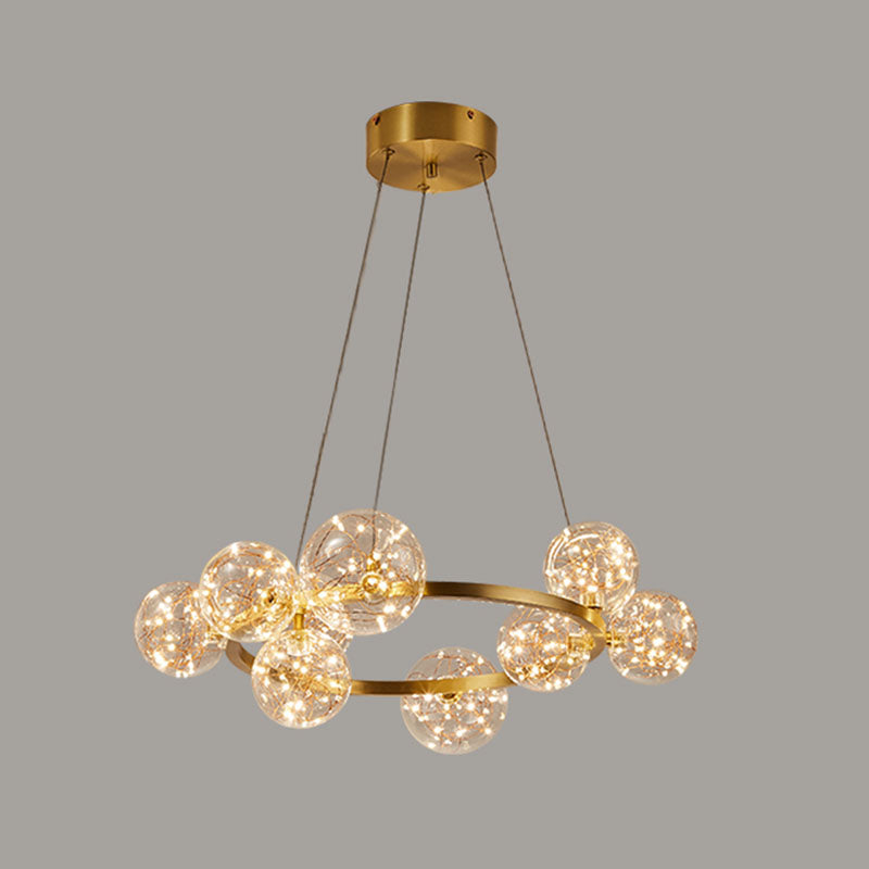 Living Room LED Chandelier Lamp Minimal Gold Pendant Lighting with Orb Clear Glass Shade 9 Gold Clearhalo 'Ceiling Lights' 'Chandeliers' 'Glass shade' 'Glass' 'Modern Chandeliers' 'Modern' Lighting' 2025949