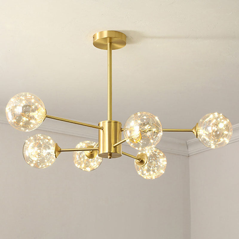 Radial Hanging Chandelier Modern Metal LED Starry Drop Lamp with Orb Clear Glass Shade 6 Gold Clearhalo 'Ceiling Lights' 'Chandeliers' 'Modern Chandeliers' 'Modern' Lighting' 2025971