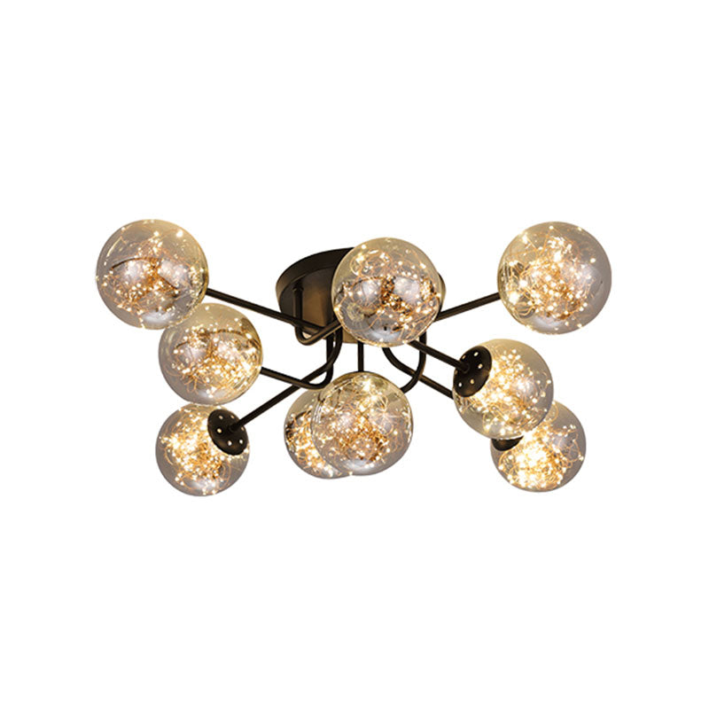 Sputnik Metal Ceiling Lamp Modern Starry LED Black Semi Flush with Global Glass Shade Clearhalo 'Ceiling Lights' 'Close To Ceiling Lights' 'Close to ceiling' 'Semi-flushmount' Lighting' 2026094