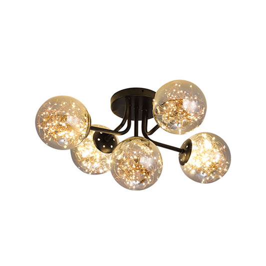 Sputnik Metal Ceiling Lamp Modern Starry LED Black Semi Flush with Global Glass Shade 5 Smoke Gray Clearhalo 'Ceiling Lights' 'Close To Ceiling Lights' 'Close to ceiling' 'Semi-flushmount' Lighting' 2026096