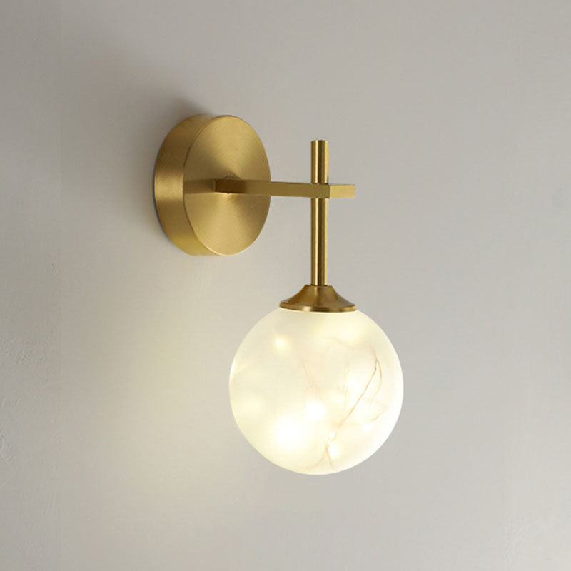 LED Bedroom Wall Light Fixture Minimalist Gold Wall Lamp Sconce with Geometrical Glass Shade Cream Short Arm Clearhalo 'Cast Iron' 'Glass' 'Industrial' 'Modern wall lights' 'Modern' 'Tiffany' 'Traditional wall lights' 'Wall Lamps & Sconces' 'Wall Lights' Lighting' 2026117