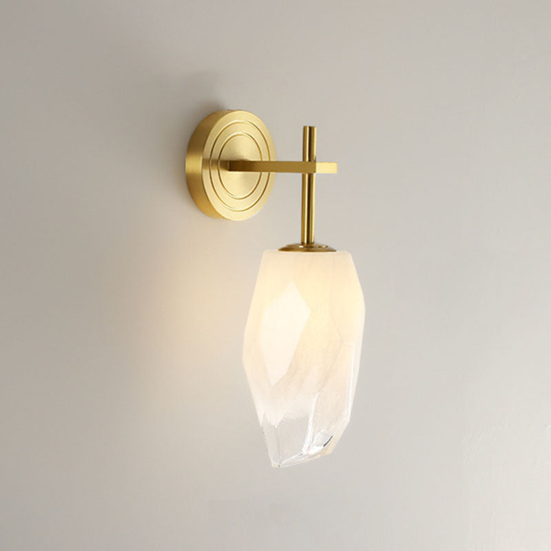 LED Bedroom Wall Light Fixture Minimalist Gold Wall Lamp Sconce with Geometrical Glass Shade White Short Arm Clearhalo 'Cast Iron' 'Glass' 'Industrial' 'Modern wall lights' 'Modern' 'Tiffany' 'Traditional wall lights' 'Wall Lamps & Sconces' 'Wall Lights' Lighting' 2026118