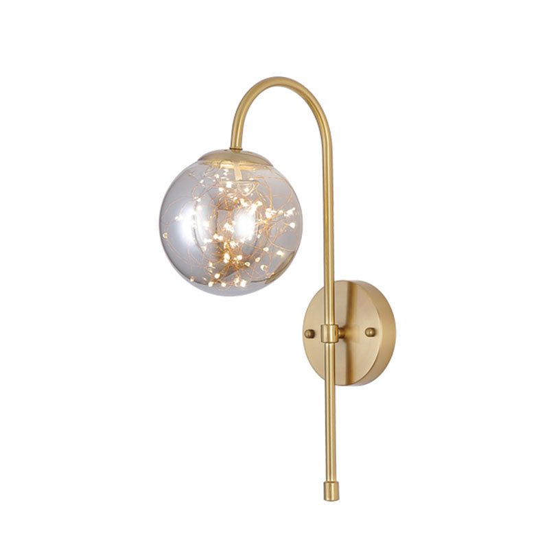 Ball Glass Wall Light Sconce Minimalist LED Gold Wall Lighting with Gooseneck Arm Smoke Gray Clearhalo 'Cast Iron' 'Glass' 'Industrial' 'Modern wall lights' 'Modern' 'Tiffany' 'Traditional wall lights' 'Wall Lamps & Sconces' 'Wall Lights' Lighting' 2026124