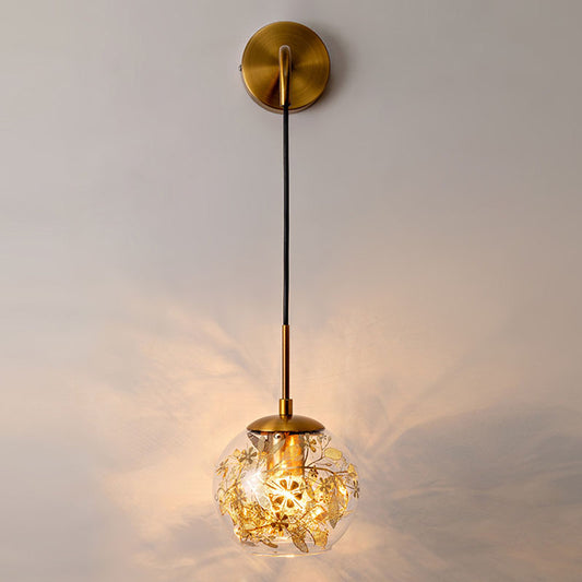 Clear Glass Bubble Wall Lamp Contemporary 1-Light Wall Mounted Lamp with Foil Flower Decor Gold Clearhalo 'Cast Iron' 'Glass' 'Industrial' 'Modern wall lights' 'Modern' 'Tiffany' 'Traditional wall lights' 'Wall Lamps & Sconces' 'Wall Lights' Lighting' 2026125