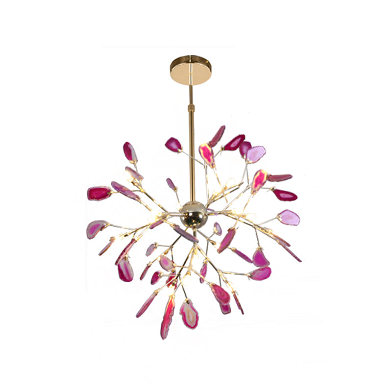 Gold Leaf Chandelier Lighting Contemporary LED Agate Suspension Pendant Light for Dining Room 20 Pink Clearhalo 'Ceiling Lights' 'Chandeliers' 'Modern Chandeliers' 'Modern' Lighting' 2026281
