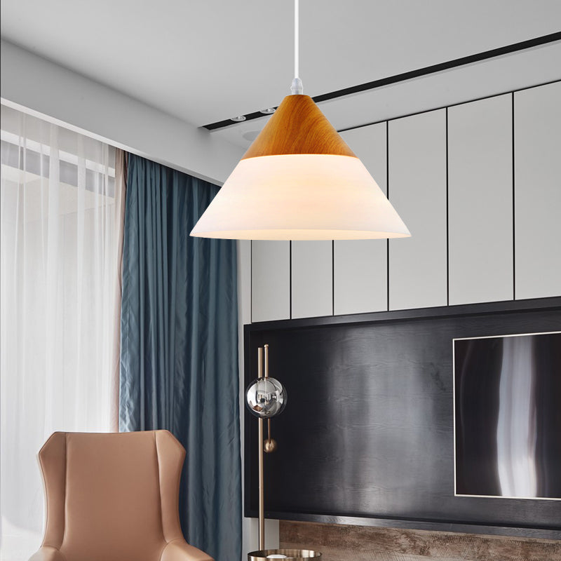 Cone Milk Glass Suspension Pendant Modern 1 Light 5"/7.5"/10.5" Wide Natural Wood Hanging Light Fixture Wood 10.5" Clearhalo 'Ceiling Lights' 'Glass shade' 'Glass' 'Modern Pendants' 'Modern' 'Pendant Lights' 'Pendants' Lighting' 202652